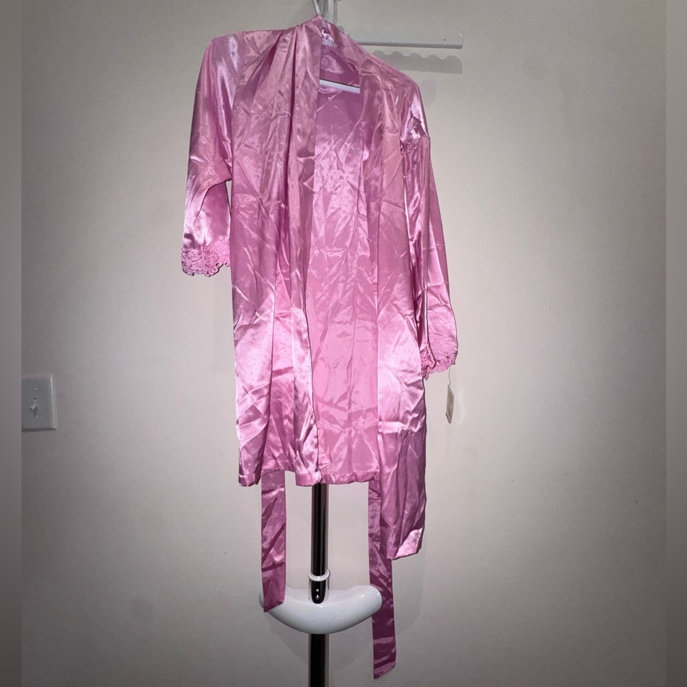 Intimate Essentials Pink Satin Robe with Lace Trim